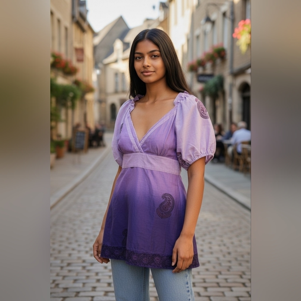 Chaudru Lavender to Deep Purple Paisley Babydoll Tunic Top NWT small